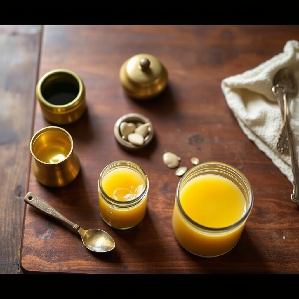 Golden yellow bilona ghee being poured slowly into a glass jar with brass cooking utensils in background