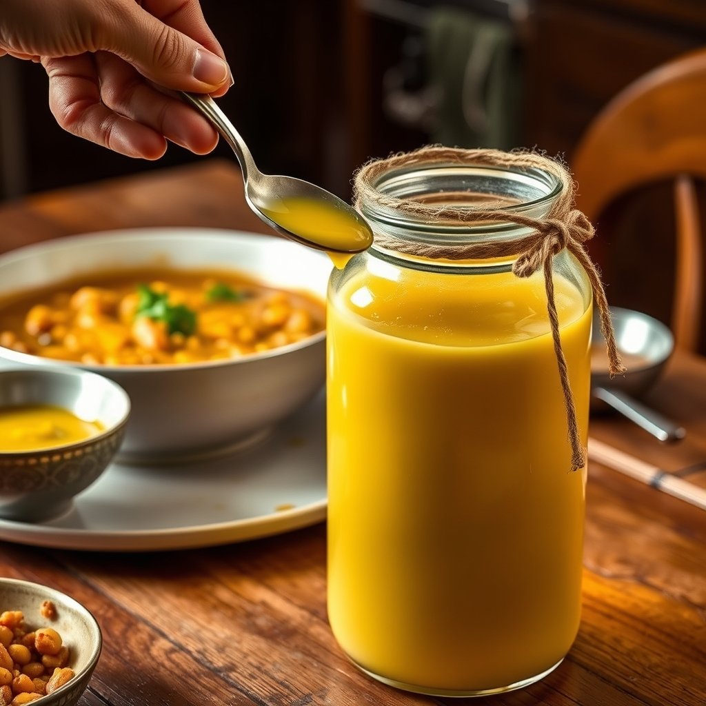A wooden spoon dipping into a jar of golden granular A2 Gir cow ghee on an Indian kitchen counter