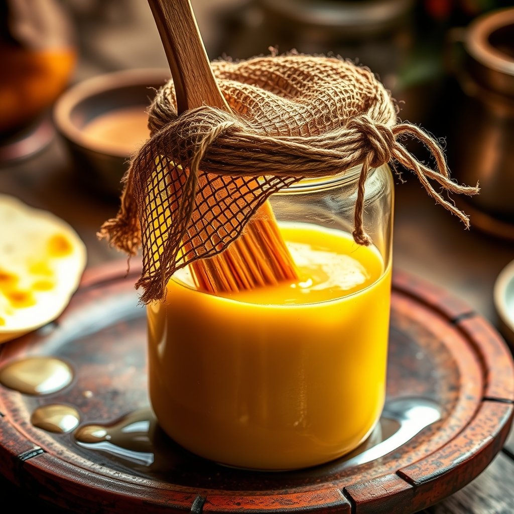 A wooden board holding a stack of warm whole wheat rotis freshly brushed with golden bilona ghee beside a small brass bowl