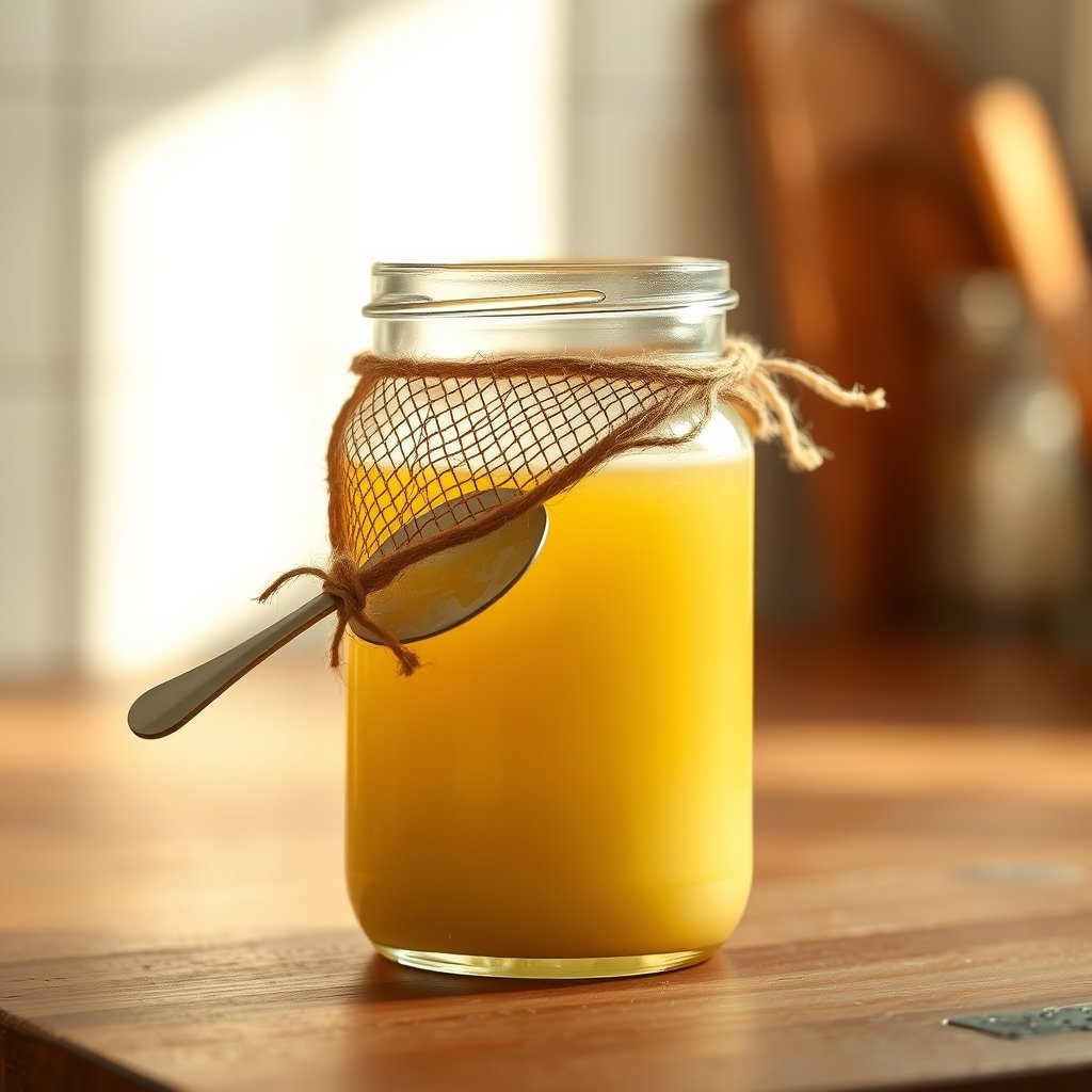 A small glass jar of golden grainy A2 bilona ghee resting on a wooden kitchen board beside whole spices