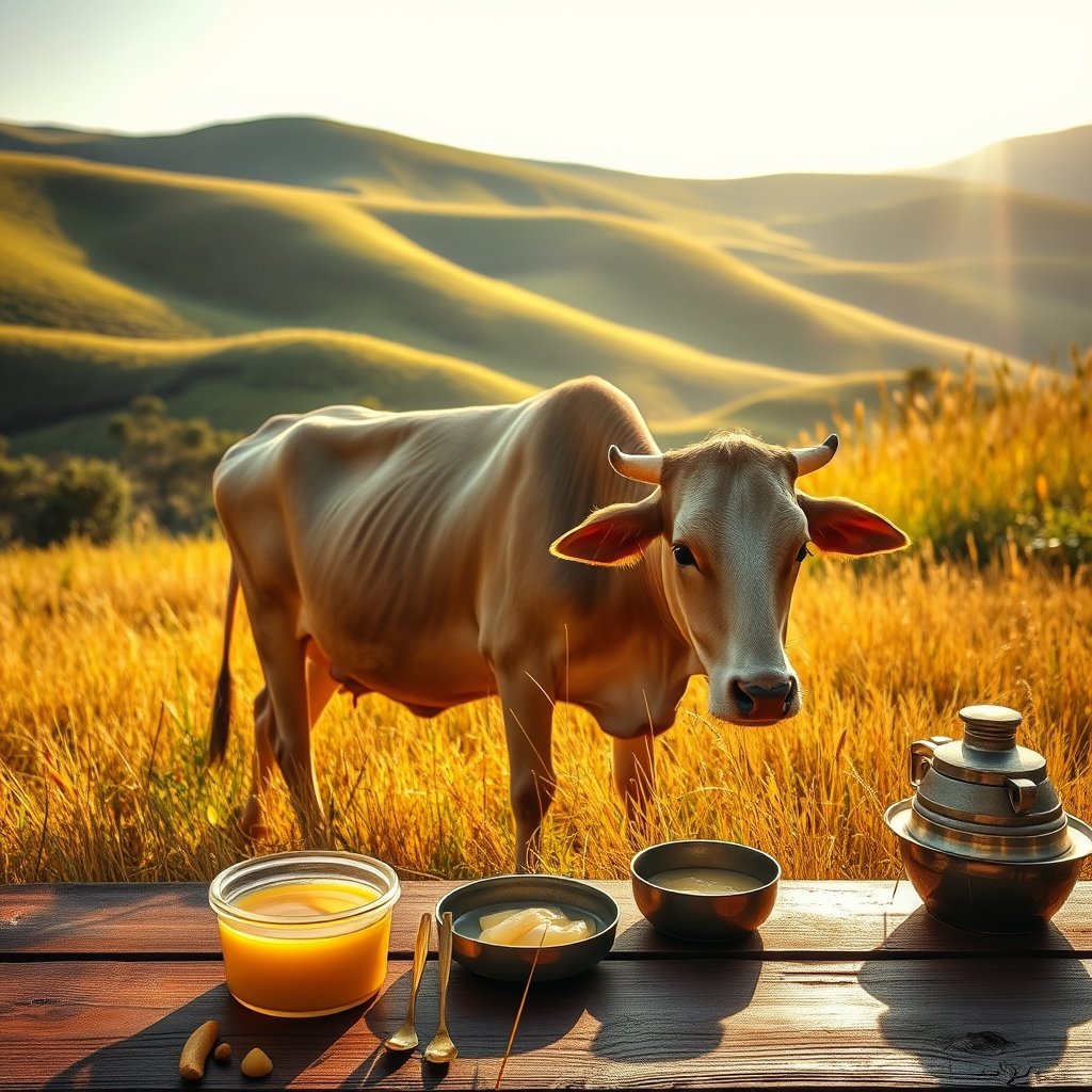 A glass jar of golden grainy bilona ghee next to a brass bowl in natural kitchen light