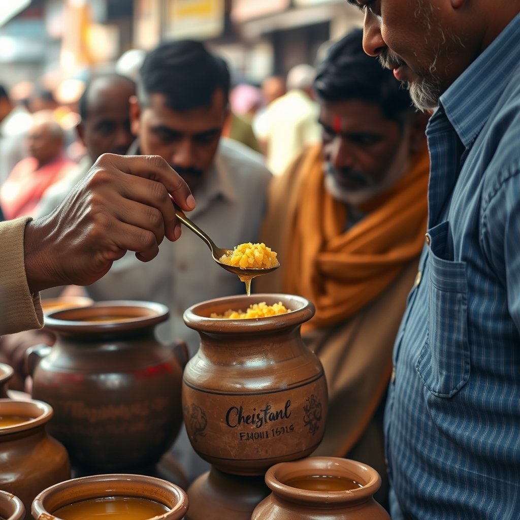 A glass jar of grainy, golden A2 Gir cow ghee sitting on a wooden kitchen counter in a Delhi home.