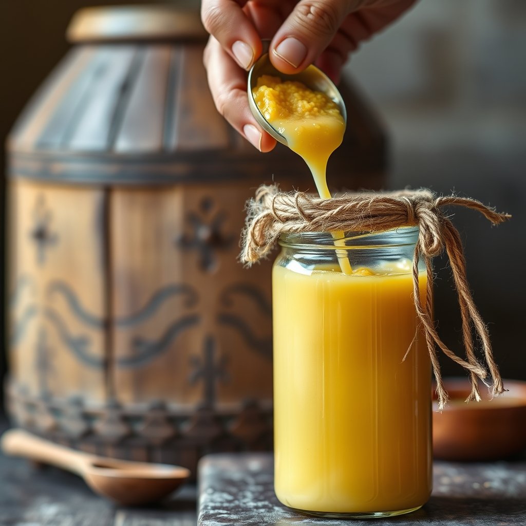 A clear glass jar of golden A2 Gir cow bilona ghee placed next to a wooden bilona paddle on a clean kitchen counter.