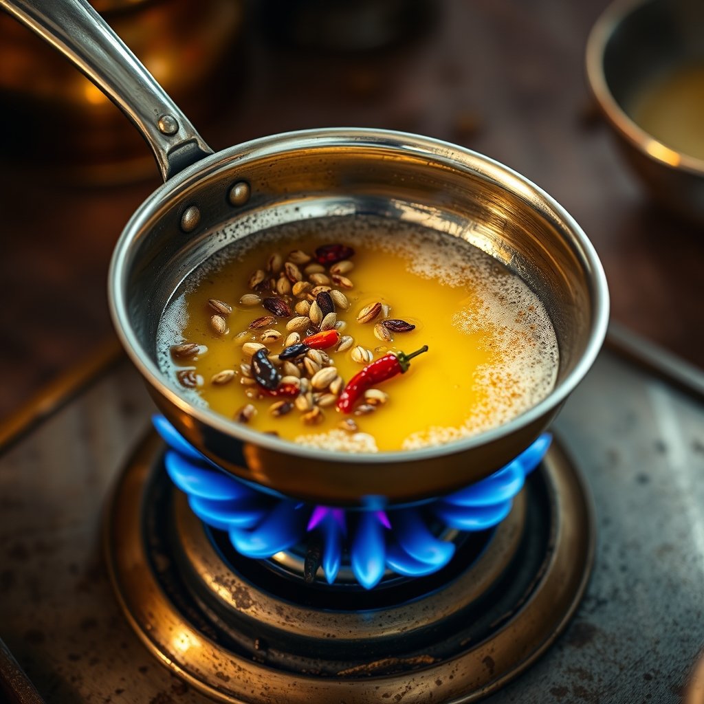 A small brass tadka pan bubbling with golden A2 Gir cow ghee, crackling cumin seeds, and fresh curry leaves over a gentle stove flame
