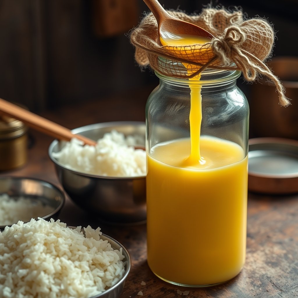Freshly steamed rice mixed inside an almost-empty glass jar of A2 Gir cow ghee to gather remaining fats.