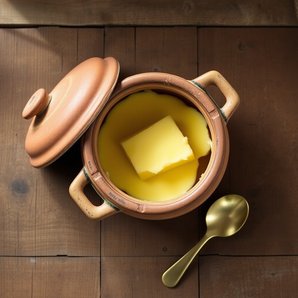 A wooden bilona churner inside a clay pot containing fresh curd being turned into butter.