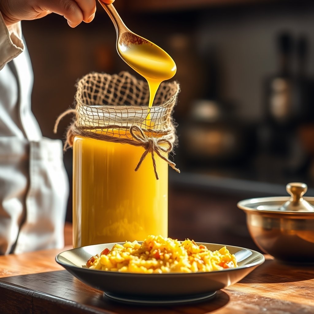 A glass jar of golden A2 Gir cow bilona ghee sitting on a wooden kitchen counter next to a brass spoon.