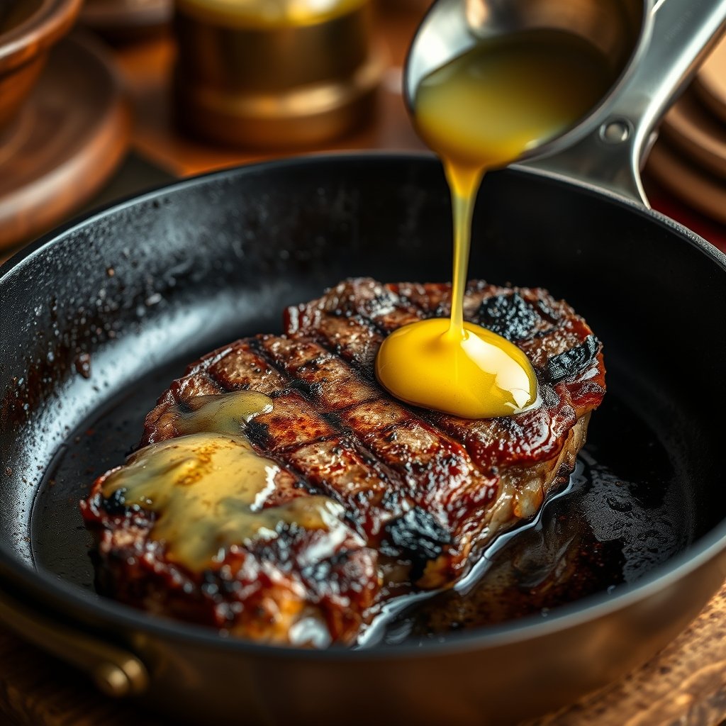 A glass jar of golden A2 Gir cow ghee beside a wooden spoon on a kitchen counter