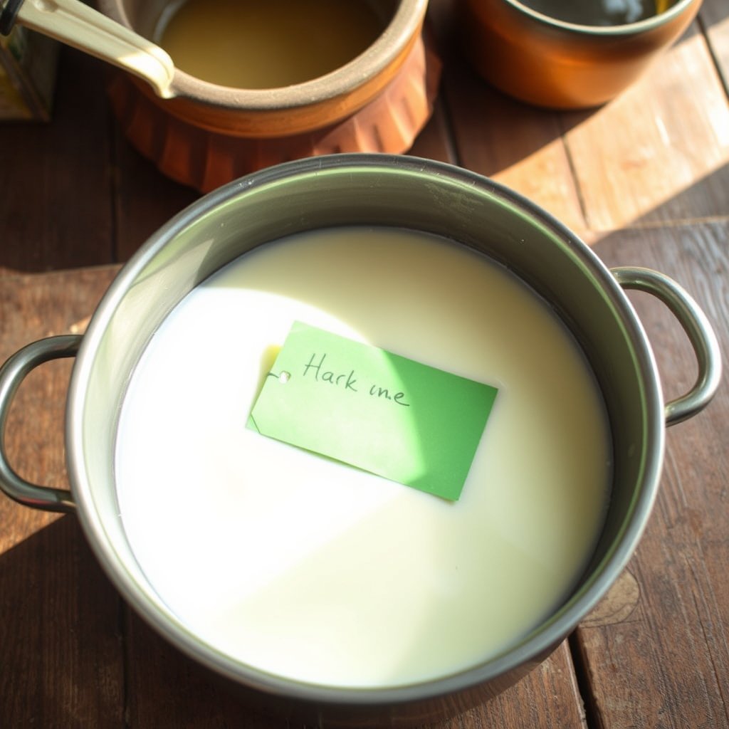 A brass pot of cultured curd beside a wooden bilona churner and a glass jar of golden grainy ghee