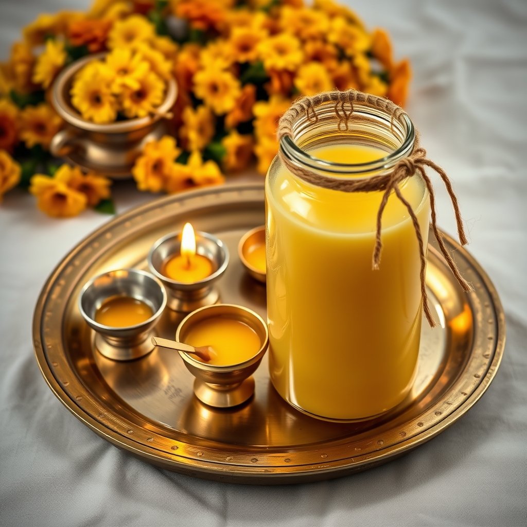 A traditional Karva Chauth thali with a decorated diya, sweets, and a glass jar of grainy A2 bilona ghee.
