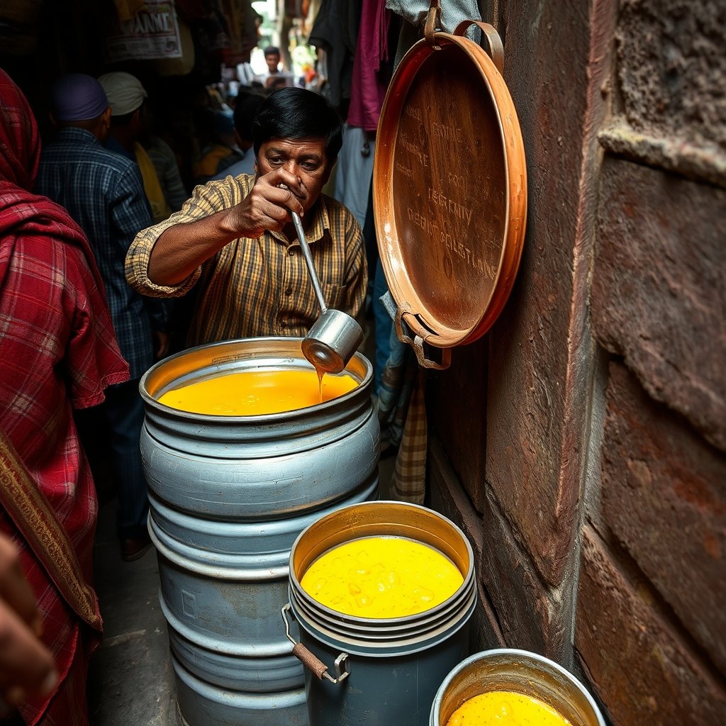 Brass containers and stacked tin jars of traditional ghee in an Old Delhi market alley