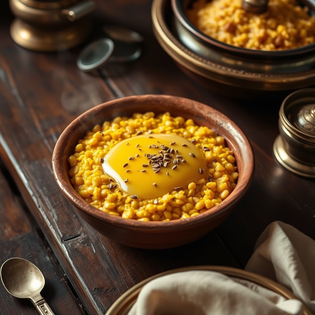 A steaming bowl of yellow moong dal khichdi topped with a spoonful of golden melted ghee