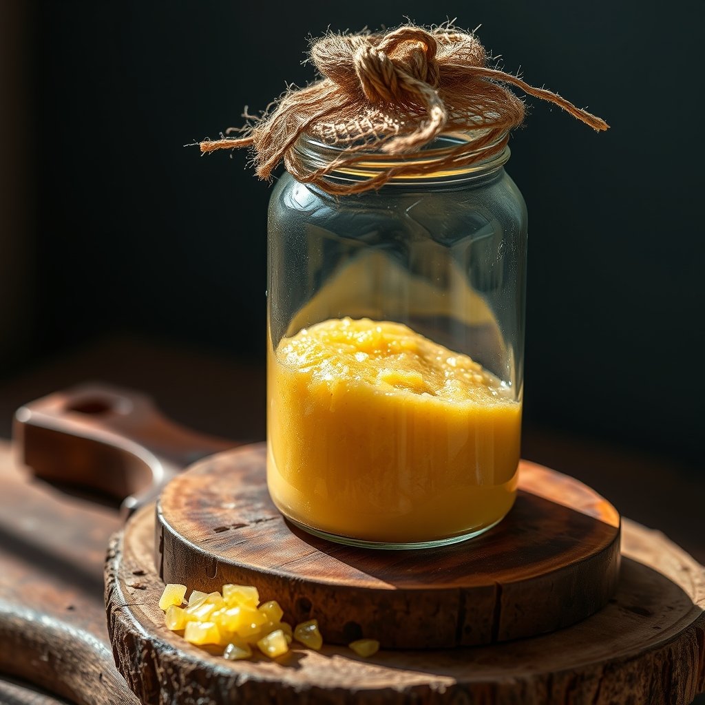 A close-up of golden, grainy bilona ghee in a glass jar showing its danedaar texture next to a wooden churner.