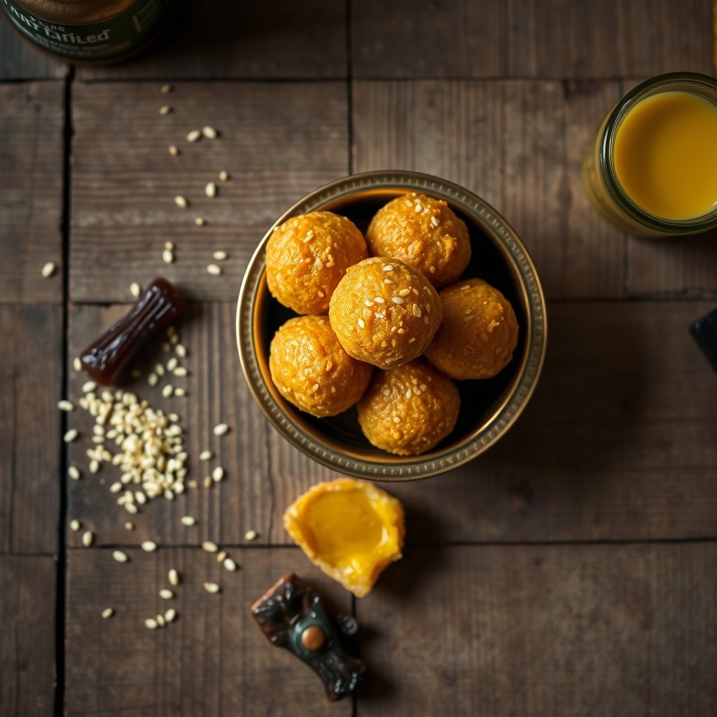A close up of handmade til-gul ladoos for Makar Sankranti served in a brass bowl alongside a small jar of golden bilona ghee