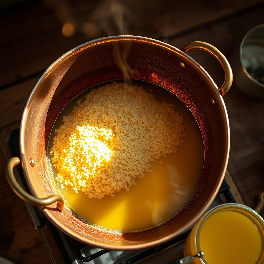 Golden semolina halwa roasting gently in traditional bilona ghee in a heavy brass kadhai.