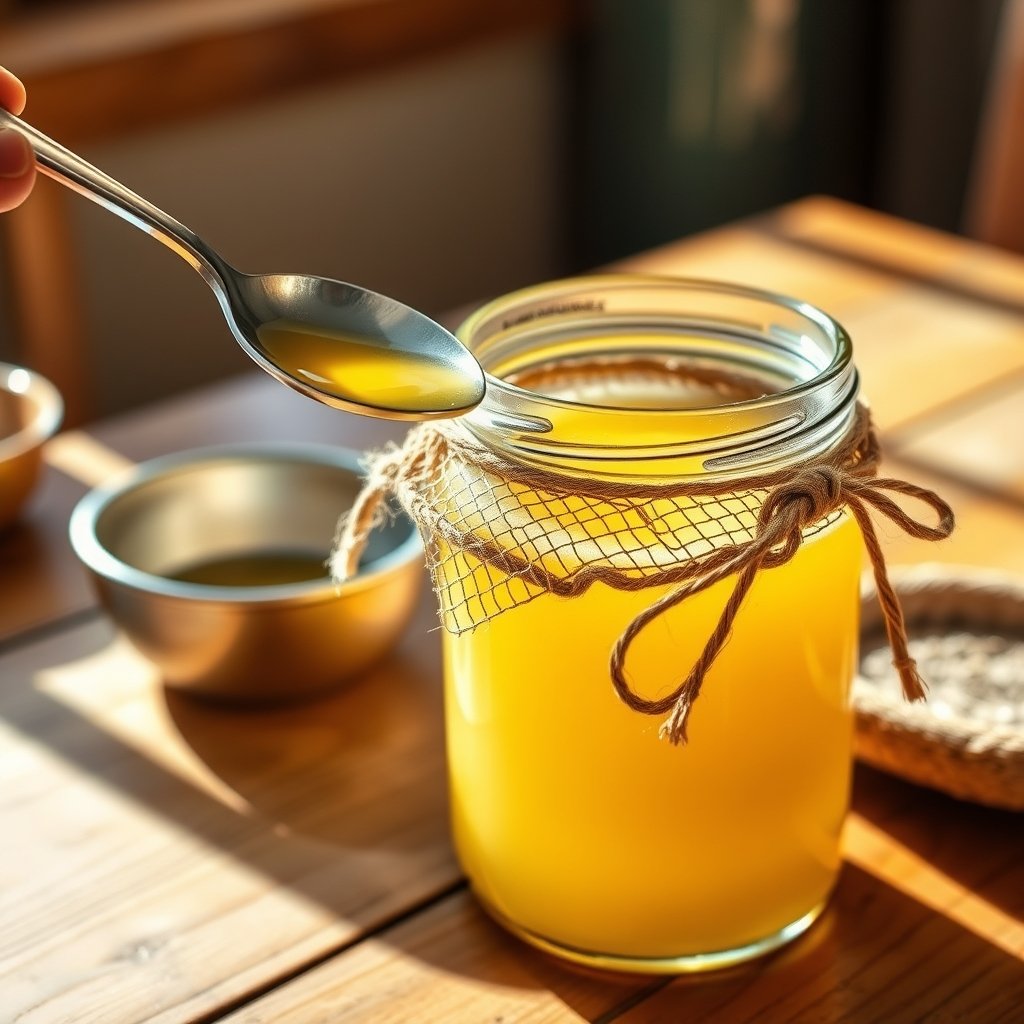 A glass jar of golden liquid A2 Gir cow bilona ghee sitting on a sunlit wooden kitchen counter.