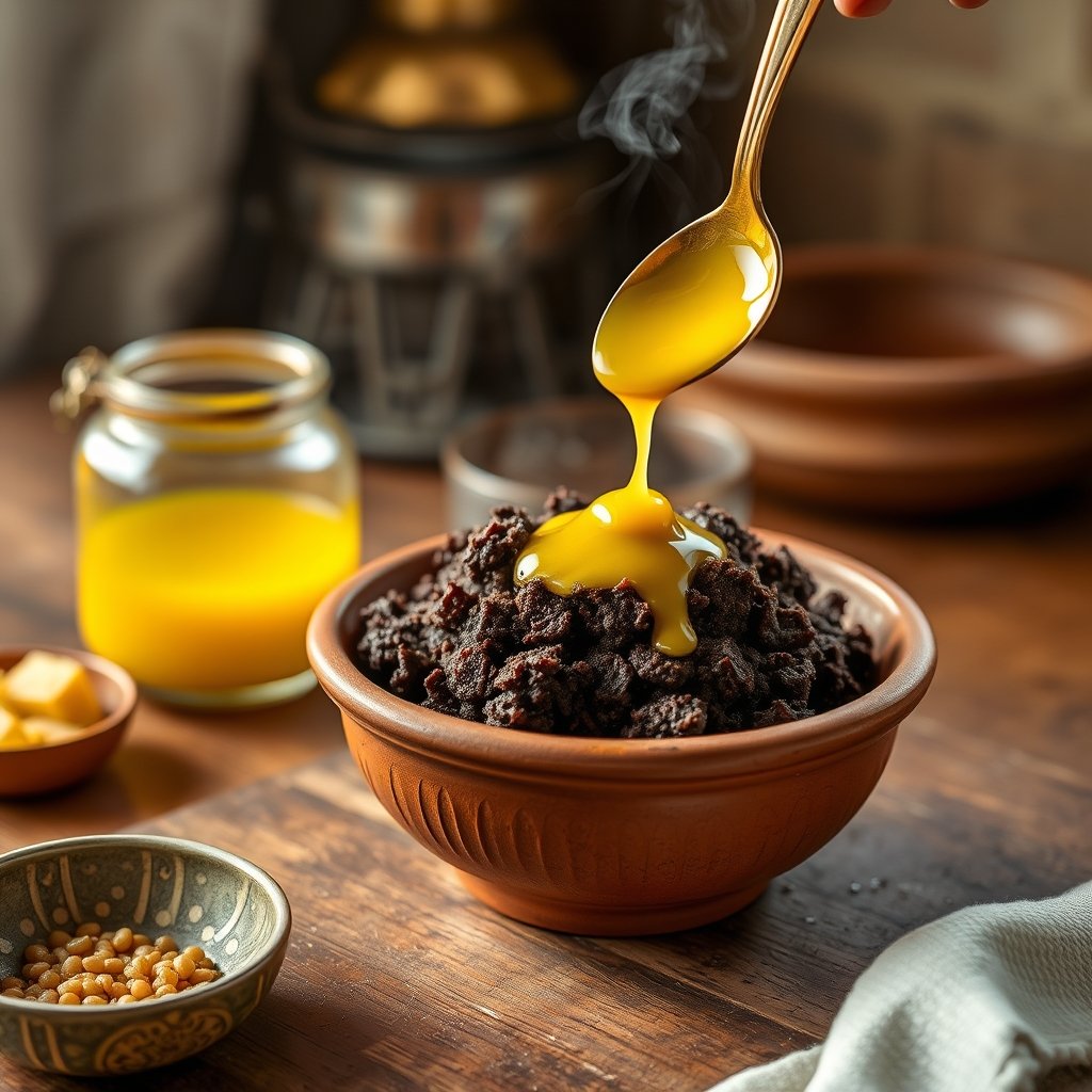 A golden dollop of granular Bilona ghee melting over a warm, rustic Bajra rotla on a traditional plate.