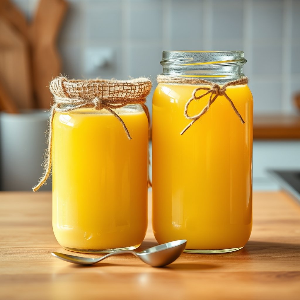 A glass jar of golden grainy bilona ghee sitting beside a handwritten monthly grocery list on a wooden kitchen table.