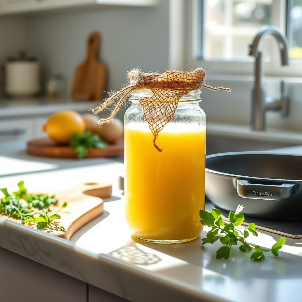 A glass jar of grainy golden bilona ghee sitting next to brass spice containers on a clean wooden kitchen counter.
