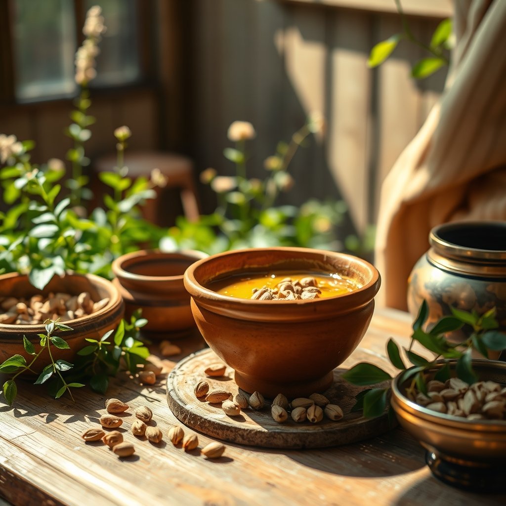 A warm brass bowl of golden liquid bilona ghee beside whole spices on a traditional wooden kitchen counter