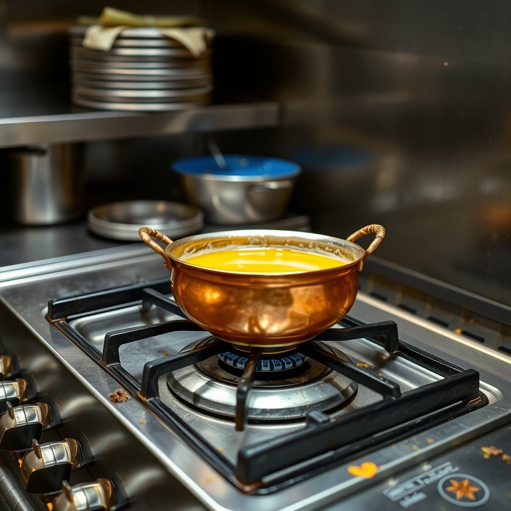 A professional kitchen setup with large stainless steel pots and glass jars of ghee for a traditional Indian function.
