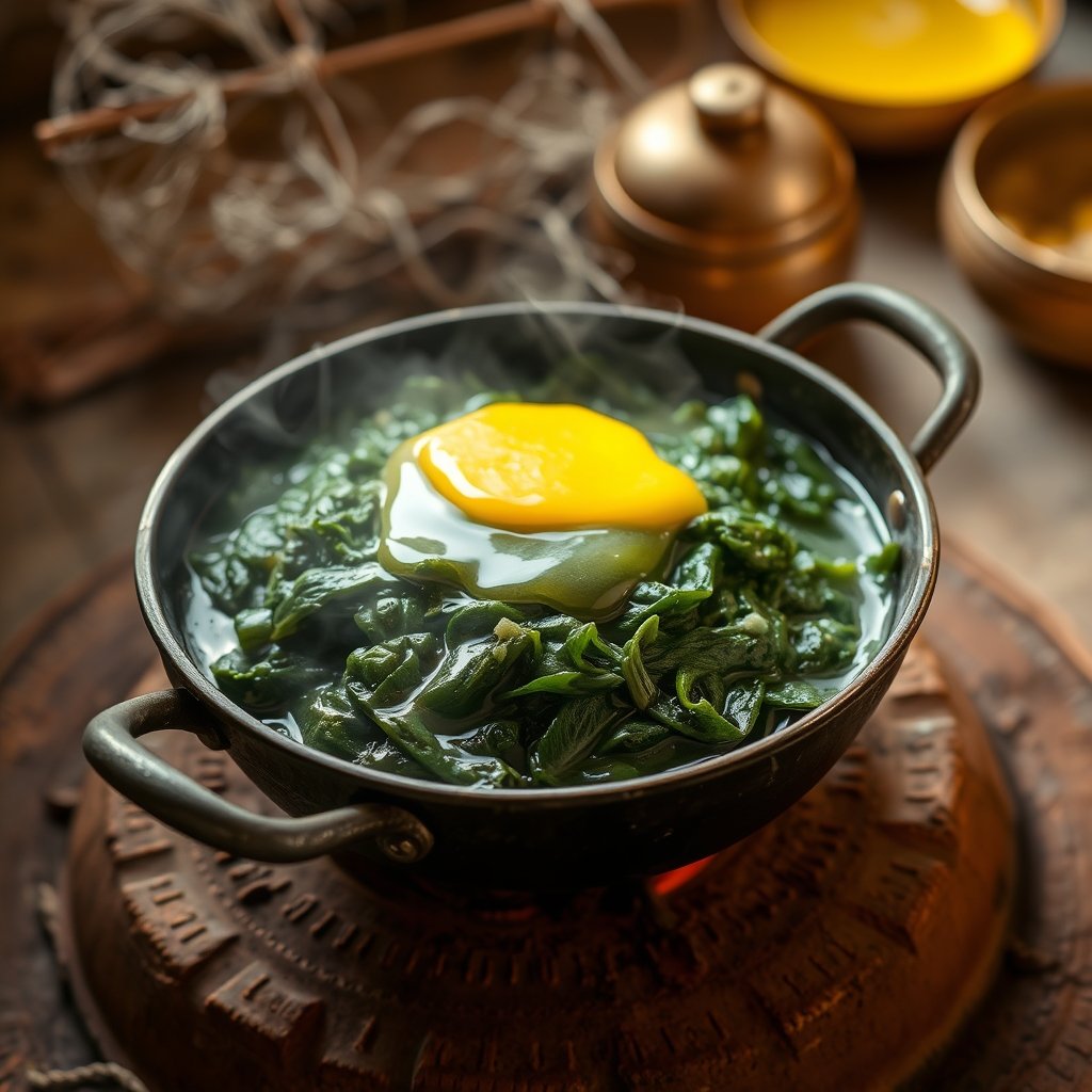 A warm iron pan filled with dark green cooked mustard saag, topped with a melting dollop of golden bilona ghee next to a rustic clay pot.