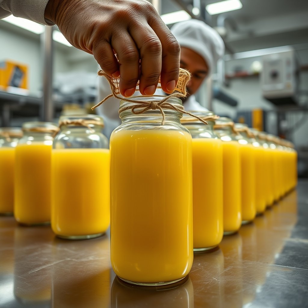 A labelled glass jar of golden A2 bilona ghee sitting on a wooden table beside packaging artwork proof sheets.