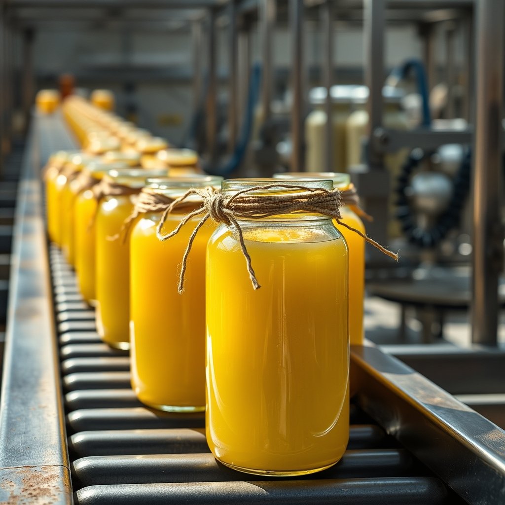 A row of sealed glass jars of A2 Gir cow ghee with professional labels ready for distribution.
