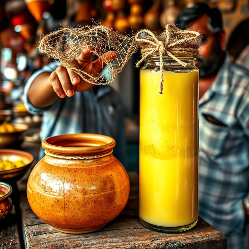 A close-up shot of a wooden bilona churner inside a traditional earthenware pot used for making curd-based ghee.