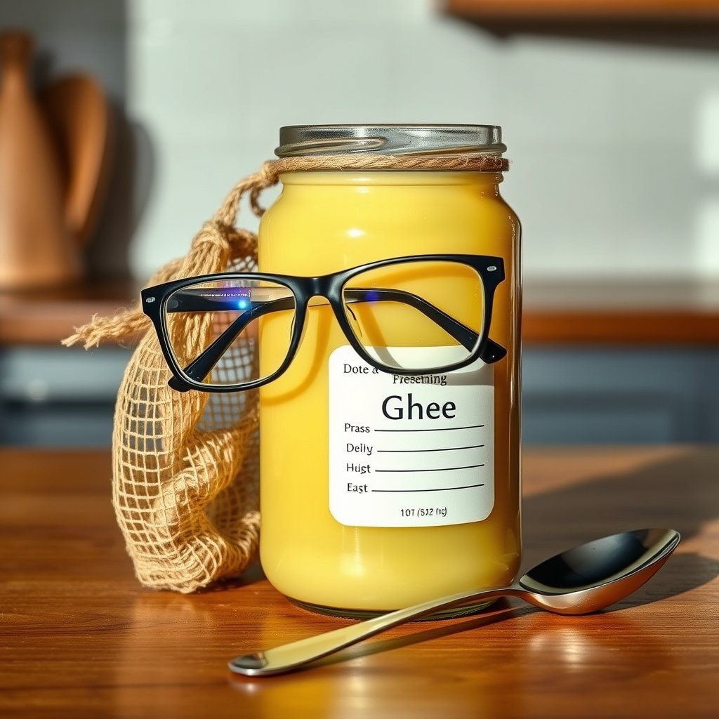 A glass jar of Organic Farmz A2 Gir cow ghee placed beside a wooden spoon on a rustic kitchen counter.