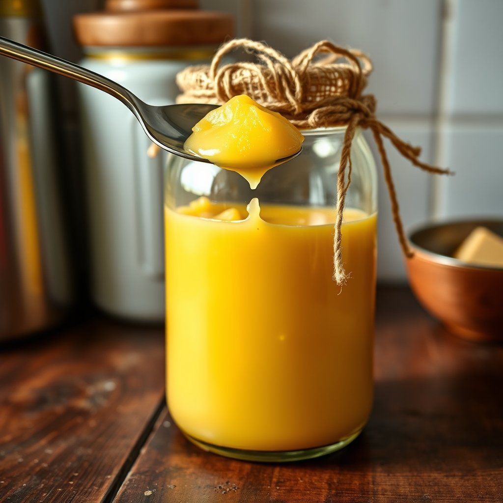 A glass jar of grainy A2 Gir cow ghee placed on a wooden kitchen counter alongside cooking spices