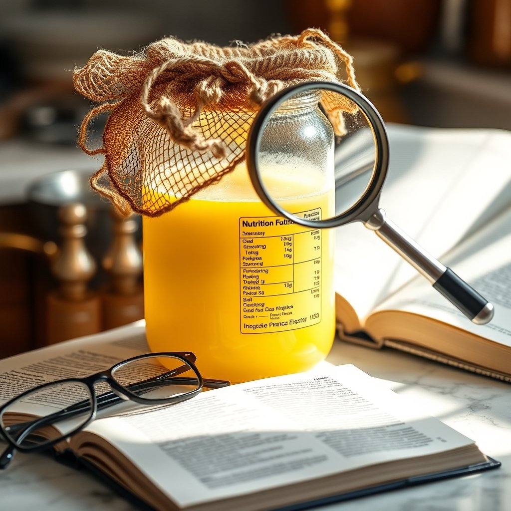 Clear glass jar of golden yellow ghee beside its back label displaying nutrition facts