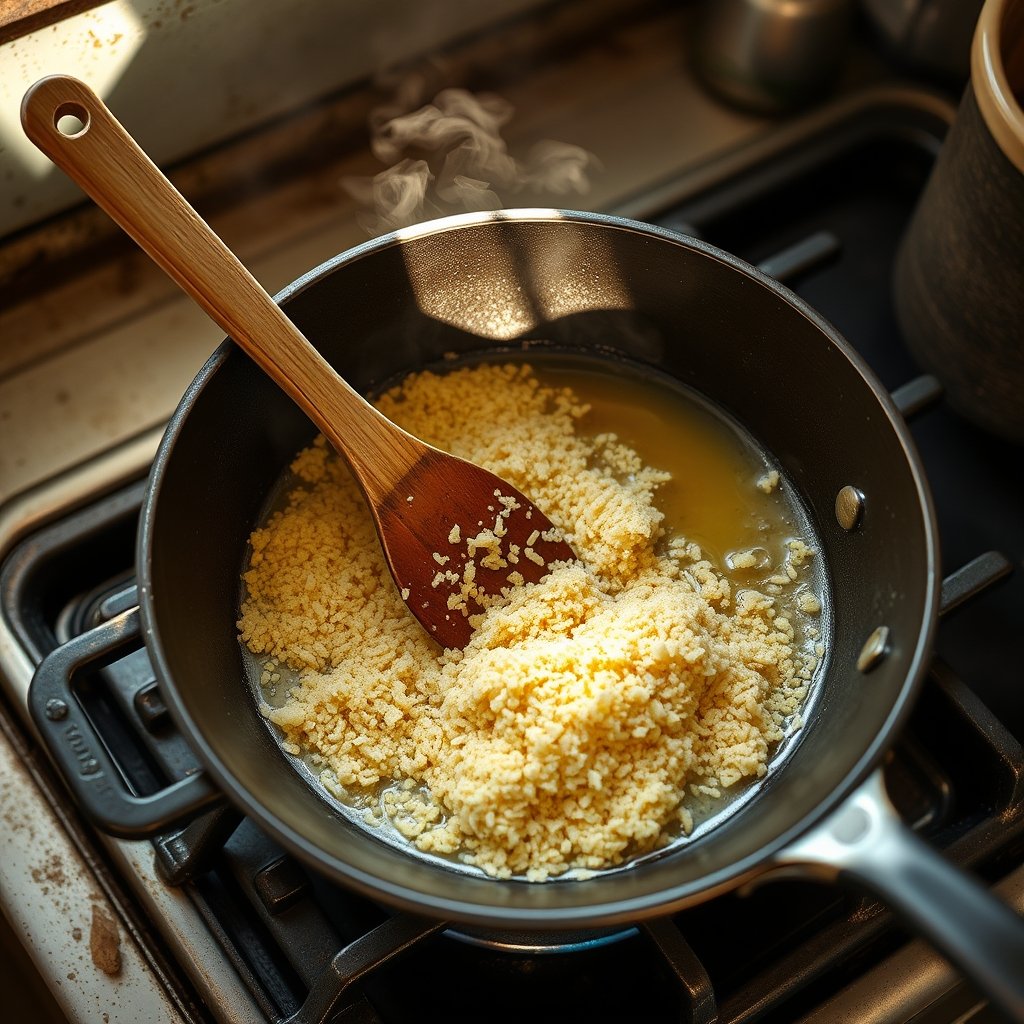 A wooden spoon stirring golden semolina roasting in traditional bilona ghee inside a heavy iron pan.