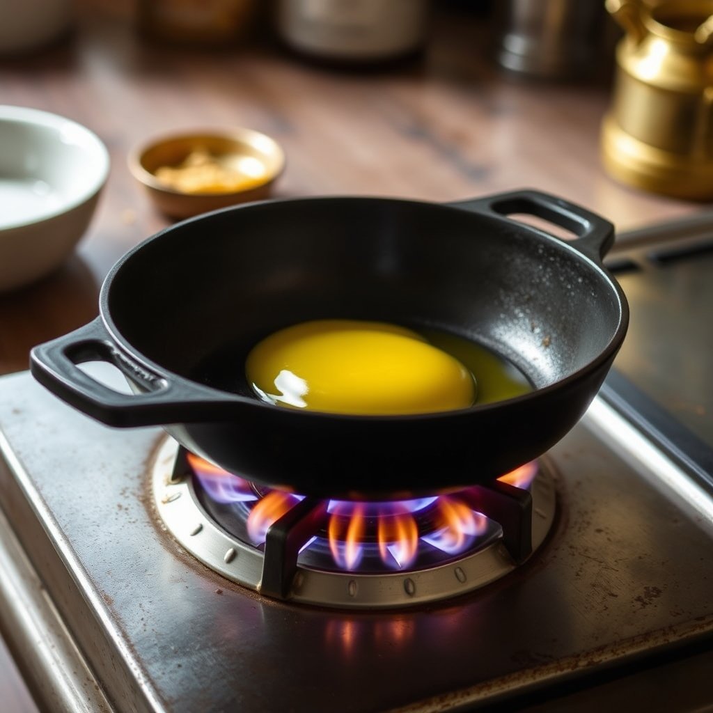 A cast iron pan on a stove with golden melted bilona ghee shimmering before adding whole spices