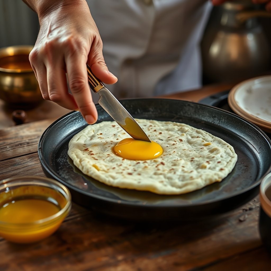 A spoonful of golden bilona ghee melting over a freshly puffed phulka resting on a cotton kitchen cloth