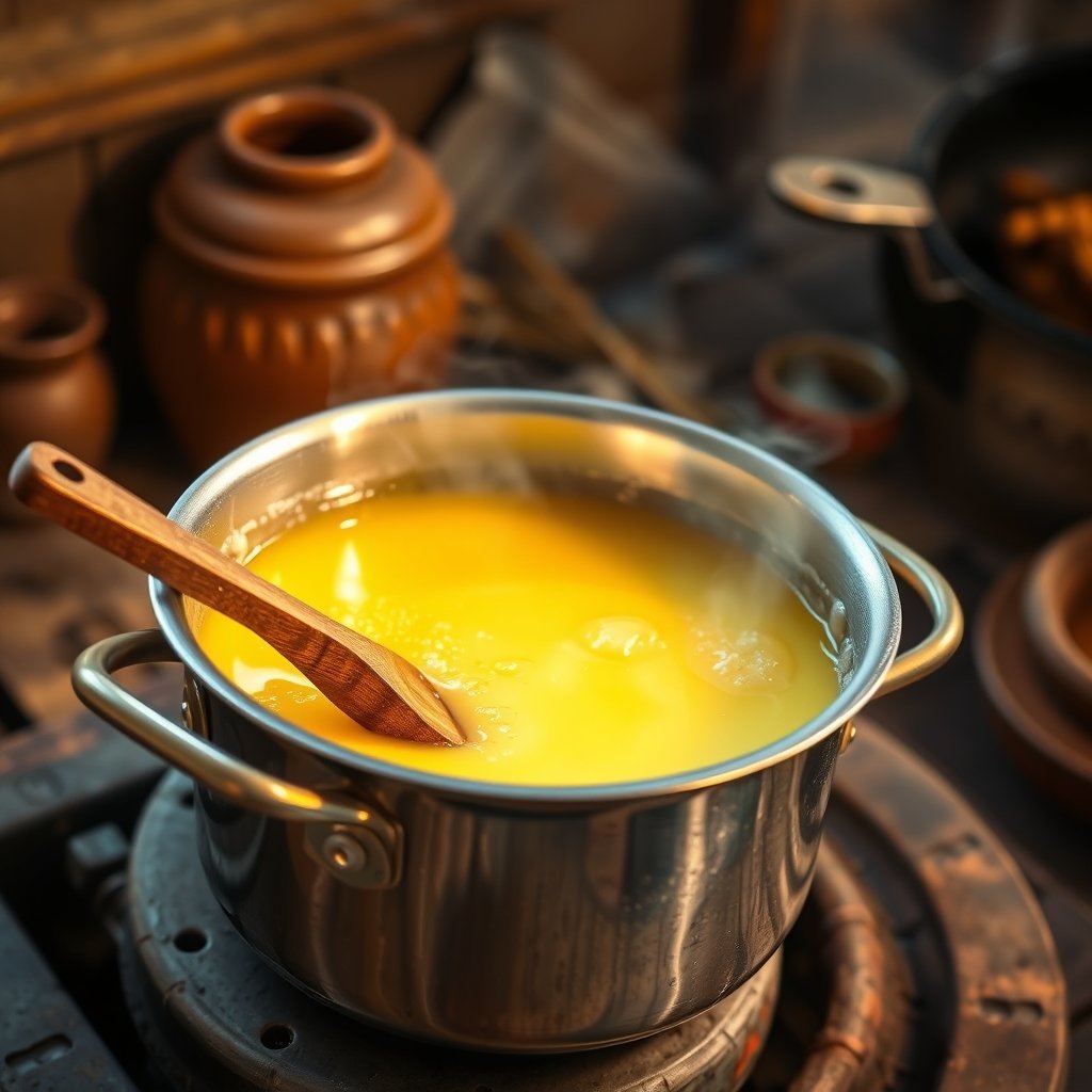 A close-up shot of golden, bubbling cultured butter clarifying in a traditional heavy brass vessel over a gentle flame.