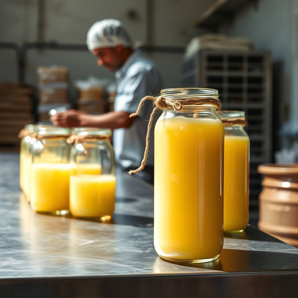 A sealed glass jar of traditional golden bilona ghee sitting beside a wooden churn on a rustic table