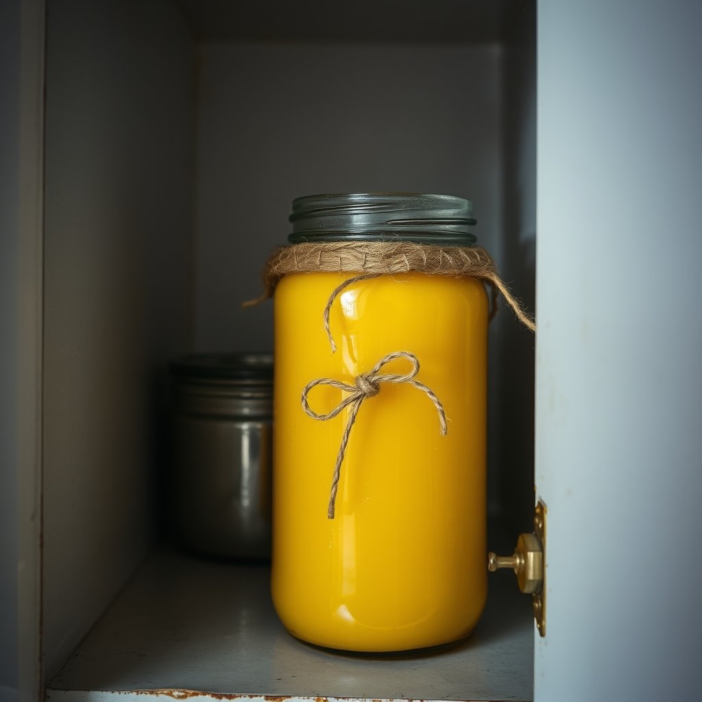 A glass jar of golden liquid bilona ghee resting on a wooden pantry shelf in a sunlit kitchen.