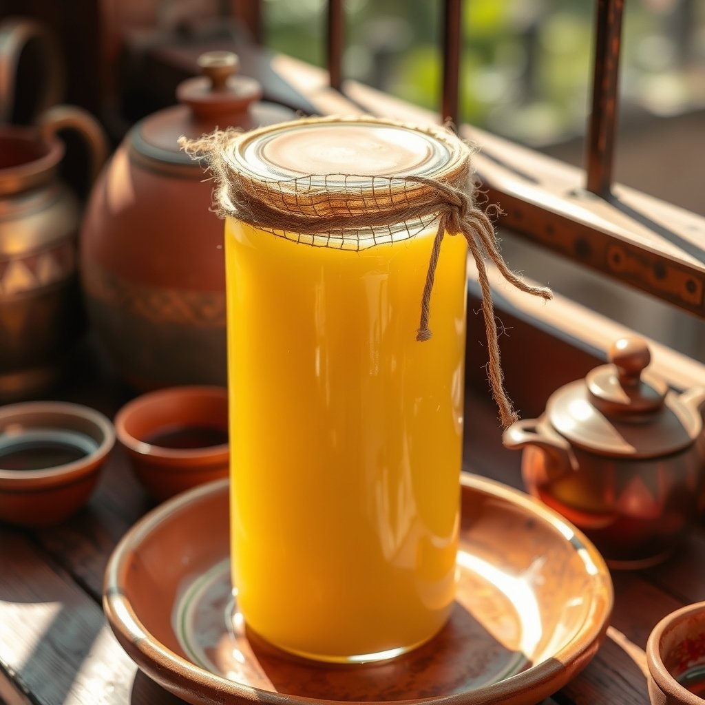 A glass jar of golden liquid A2 Gir cow ghee sitting on a dark wooden shelf in a sunlit Indian kitchen.