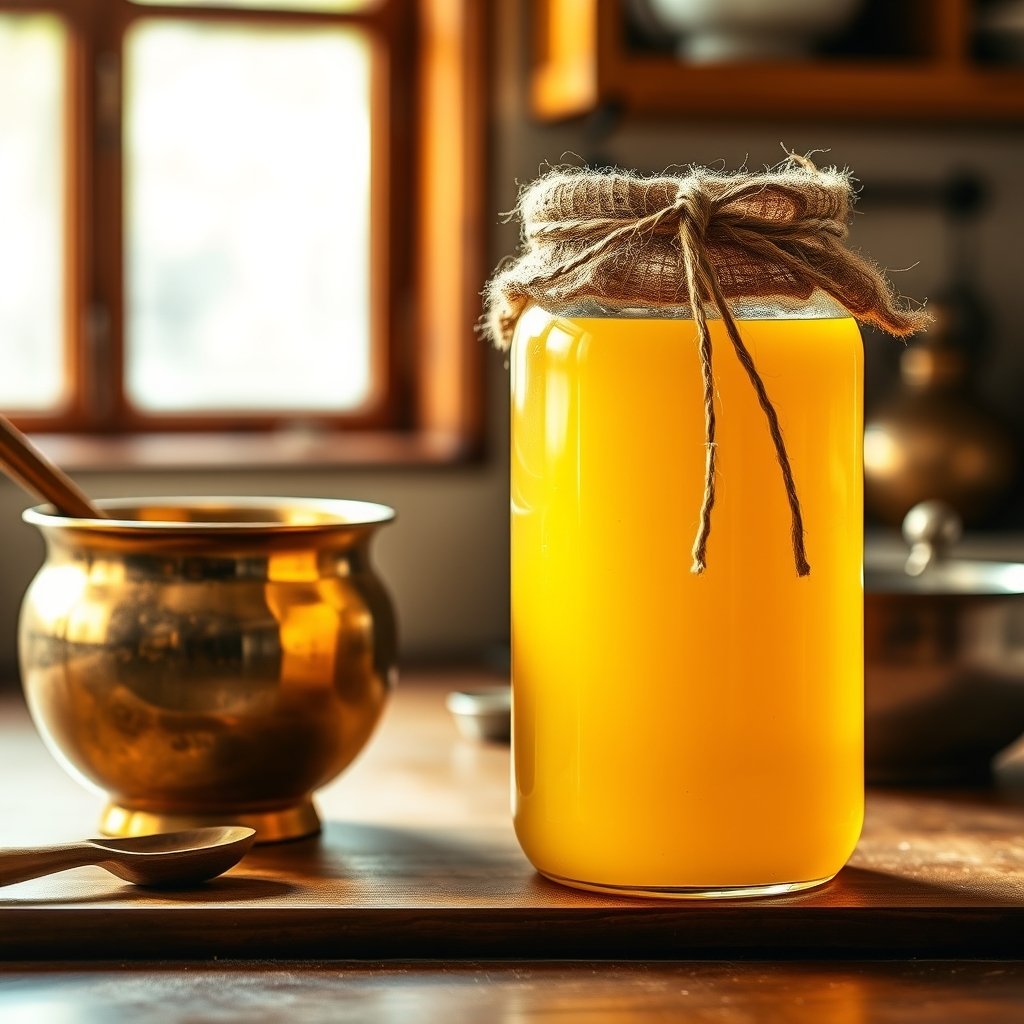 A jar of golden A2 Gir cow ghee stored in a clear glass container next to traditional Indian kitchen utensils.