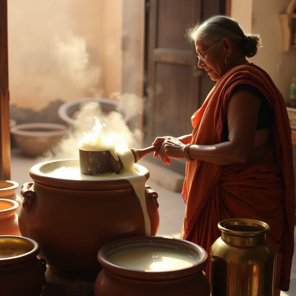 A traditional wooden bilona resting in a clay pot of curd with fresh butter rising to the top