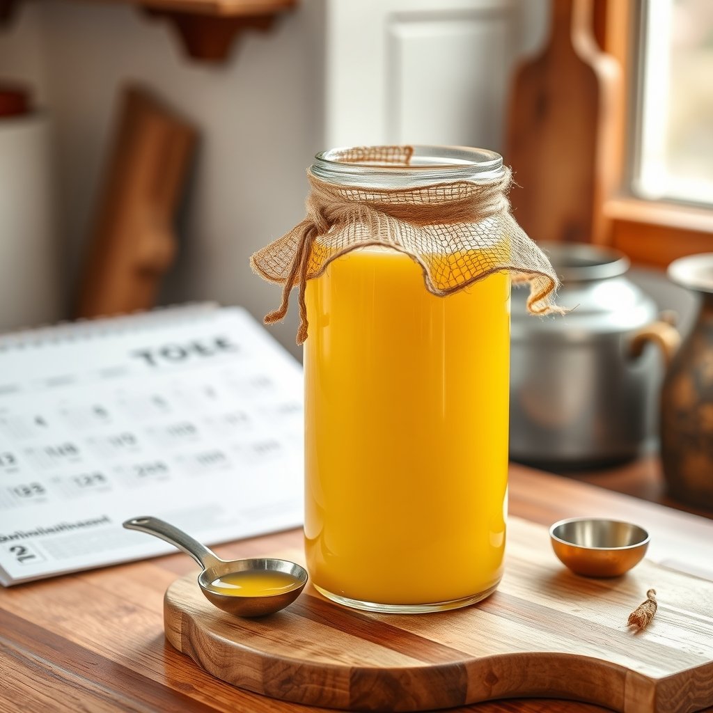 A glass jar of golden bilona ghee placed next to a traditional clay pot in a bright Indian kitchen.
