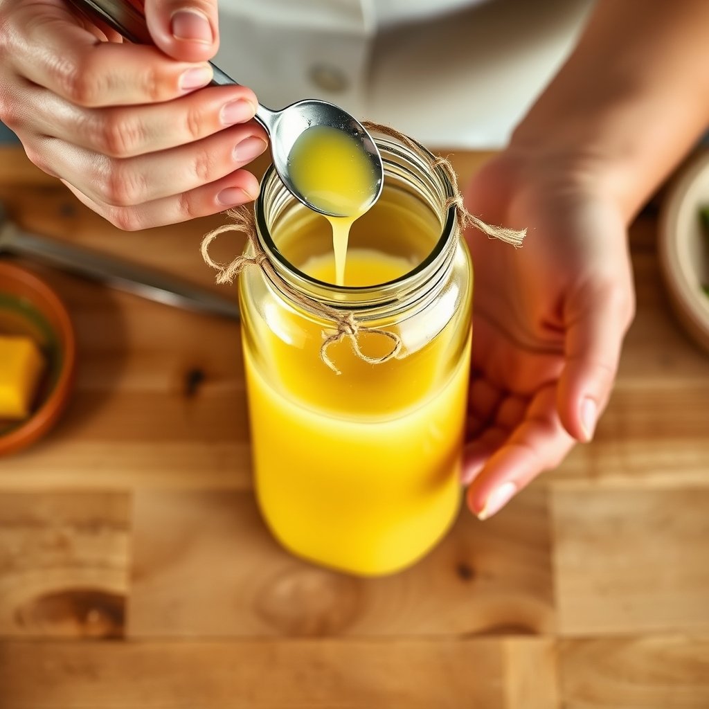 A clear glass jar of golden grainy A2 Gir cow ghee sitting on a wooden kitchen counter next to a stainless steel spoon.
