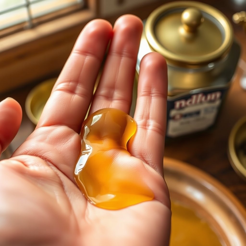 A close-up photo of a person rubbing a small amount of golden, grainy ghee into the center of their palm to test its melting point.