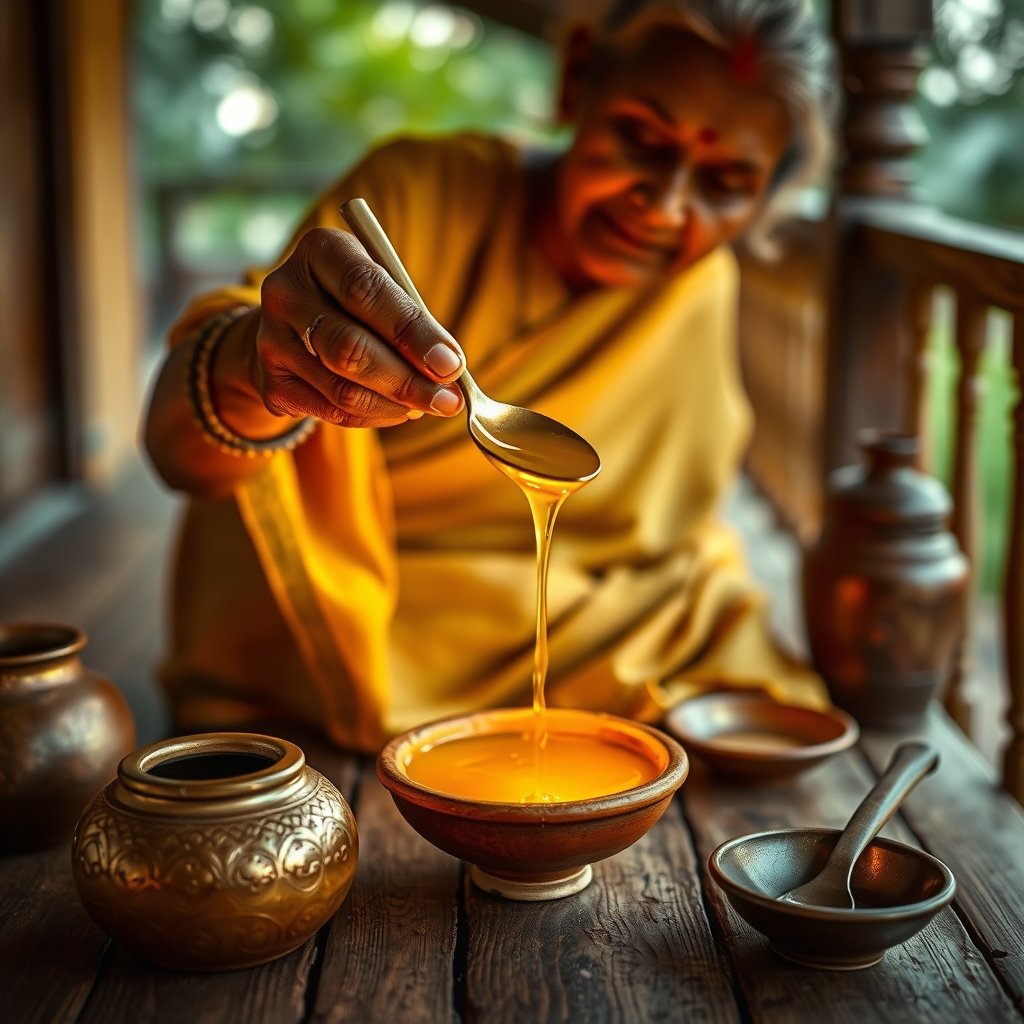 A small brass lamp filled with golden ghee sitting next to a glass jar of Organic Farmz A2 Gir cow ghee.