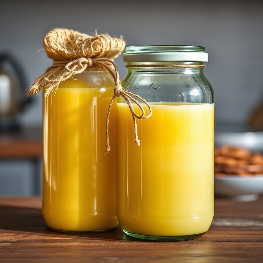 Two glass jars of golden cow ghee on a wooden kitchen counter showing different textures and shades