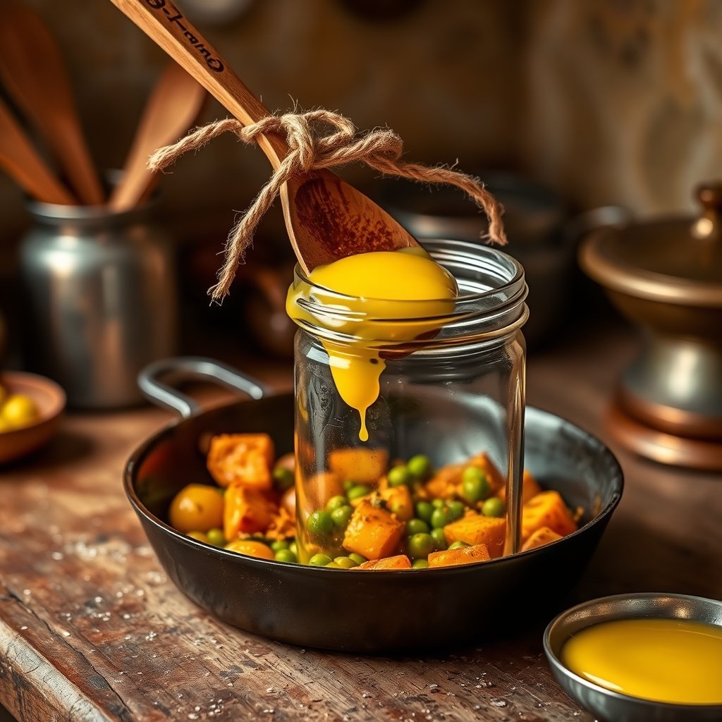 A traditional iron pan with spiced potato and cauliflower sabzi being stirred with a spoon of golden bilona ghee