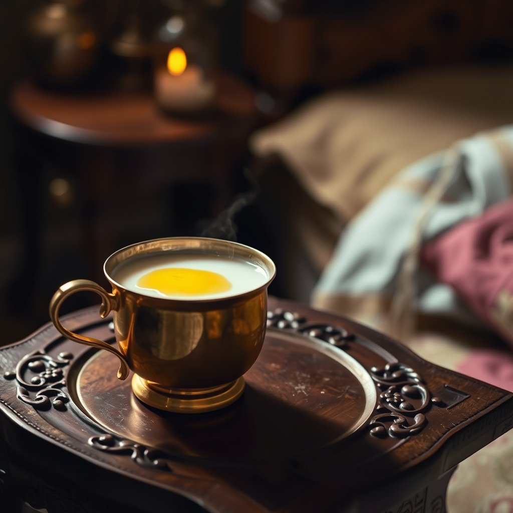 A warm mug of milk with a spoonful of golden Bilona ghee melting on the surface, set on a rustic wooden table next to a small brass pot.