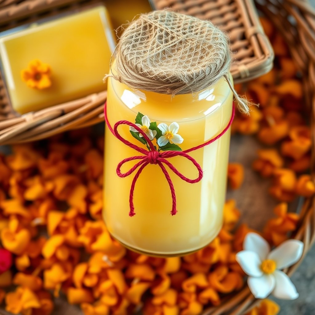 Glass jar of golden A2 bilona ghee packed in a cane wedding shagun basket with brass diya