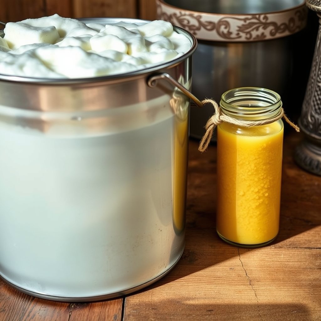 A large earthenware pot of fresh milk next to a small, warm glass jar of golden bilona ghee on a rustic wooden table.